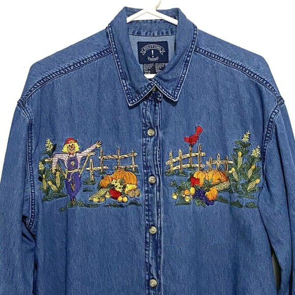 Solutions! Woman Tops - Solutions Woman Embroidered Denim Button Front Shirt S Scarecrow Pumpkins Fall